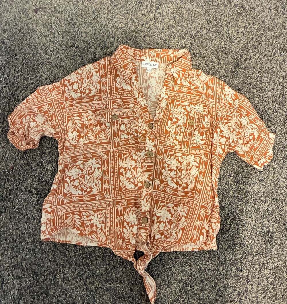 Luxology Women's Orange Floral Print Short Sleeve Button-Down Shirt Size S